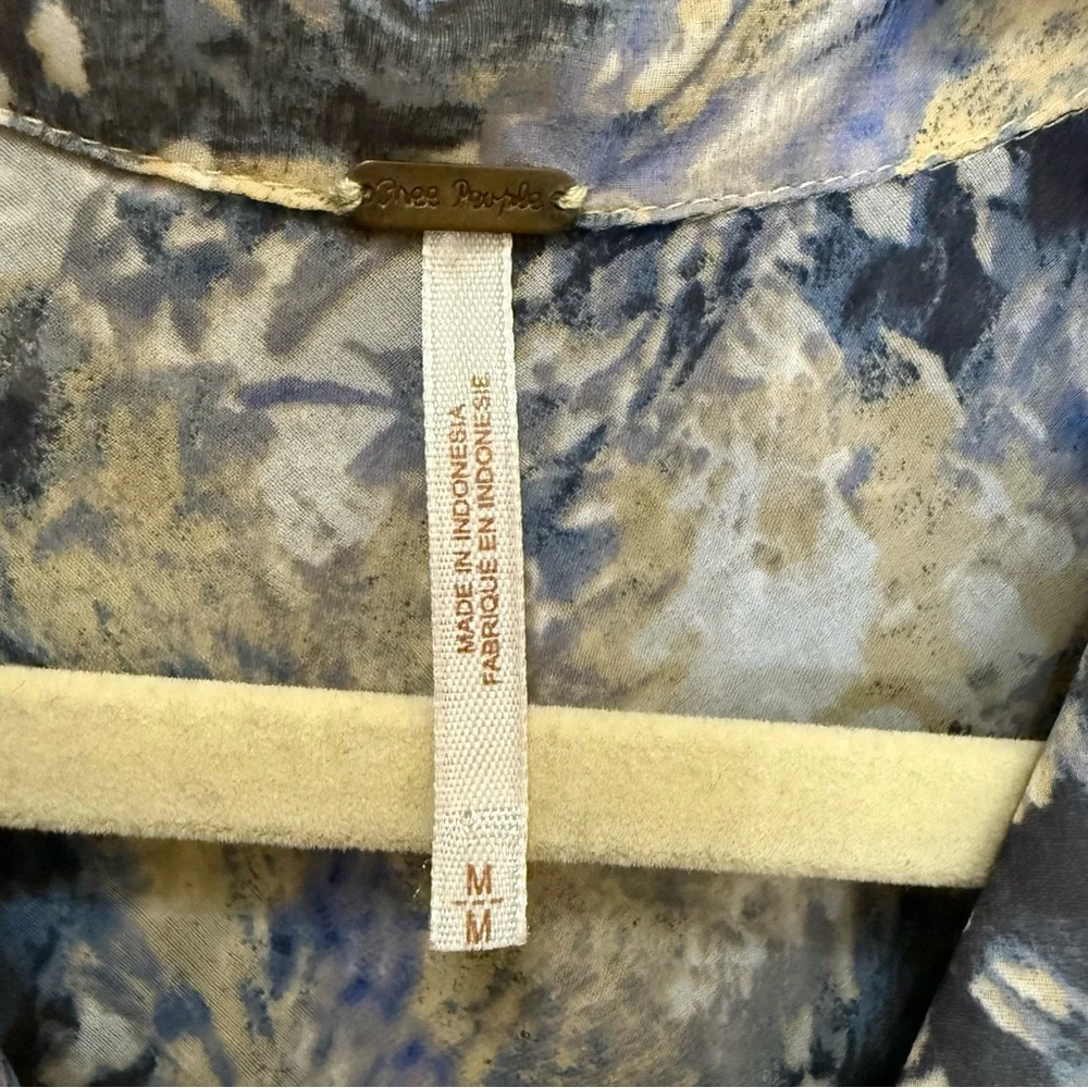 Free People Boho Sheer Abstract Print Georgette Button Blue Long Sleeve Shirt